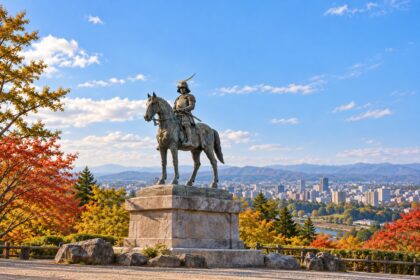 AI-generated illustration inspired by the bronze equestrian monument of Date Masamune, overlooking Sendai in autumn.