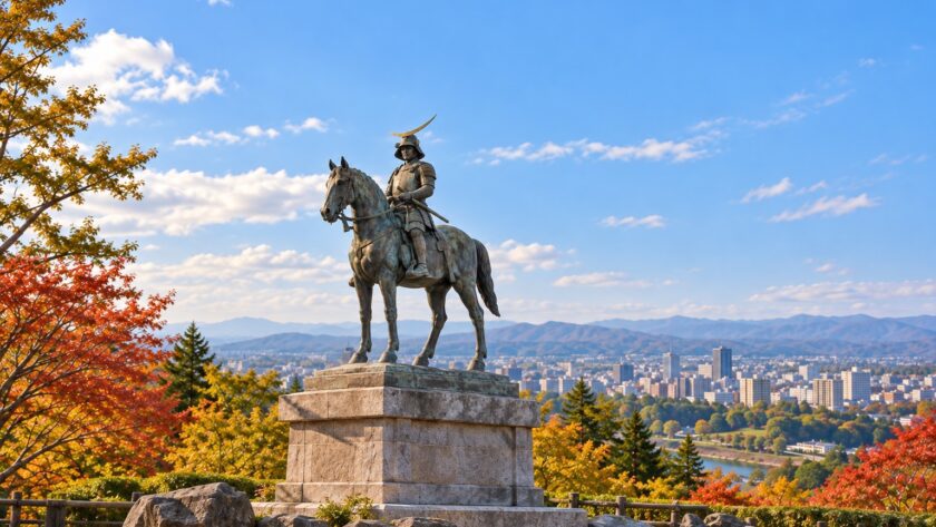 AI-generated illustration inspired by the bronze equestrian monument of Date Masamune, overlooking Sendai in autumn.