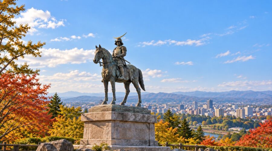 AI-generated illustration inspired by the bronze equestrian monument of Date Masamune, overlooking Sendai in autumn.