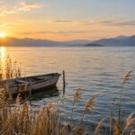 AI-generated illustration of reeds and a small wooden boat beside a calm lake at dawn, inspired by Lake Biwa in Shiga, Japan.