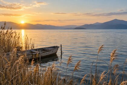 AI-generated illustration of reeds and a small wooden boat beside a calm lake at dawn, inspired by Lake Biwa in Shiga, Japan.