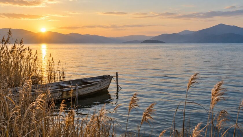 AI-generated illustration of reeds and a small wooden boat beside a calm lake at dawn, inspired by Lake Biwa in Shiga, Japan.