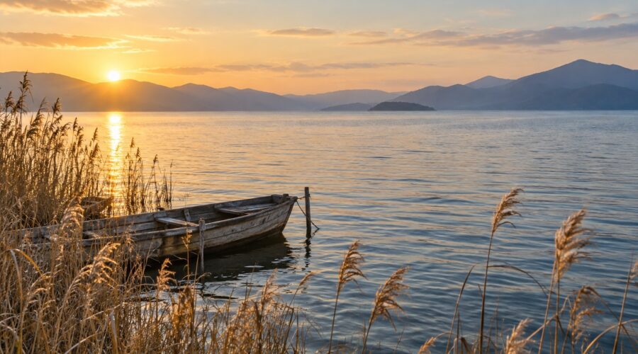 AI-generated illustration of reeds and a small wooden boat beside a calm lake at dawn, inspired by Lake Biwa in Shiga, Japan.