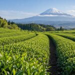AI-generated illustration of green tea fields with Mount Fuji in the distance, inspired by tea-growing landscapes in Shizuoka, Japan.