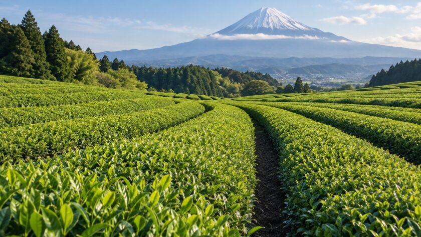 AI-generated illustration of green tea fields with Mount Fuji in the distance, inspired by tea-growing landscapes in Shizuoka, Japan.