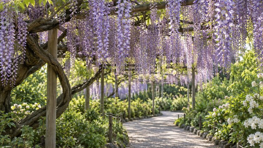 AI-generated illustration of purple wisteria hanging over a garden path, inspired by Tochigi, Japan.
