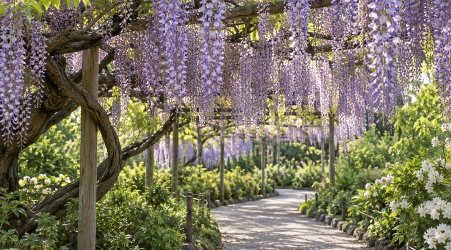 AI-generated illustration of purple wisteria hanging over a garden path, inspired by Tochigi, Japan.