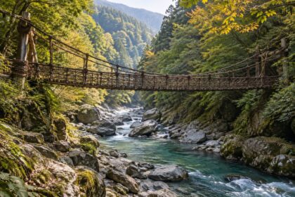 AI-generated illustration of a rustic vine suspension bridge above an emerald river in a wooded ravine, inspired by Iya Valley in Tokushima.