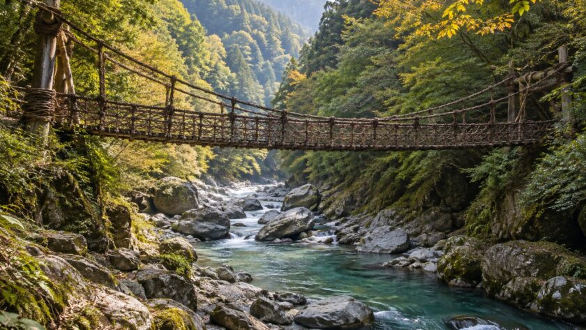 AI-generated illustration of a rustic vine suspension bridge above an emerald river in a wooded ravine, inspired by Iya Valley in Tokushima.