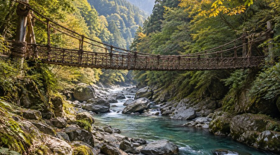 AI-generated illustration of a rustic vine suspension bridge above an emerald river in a wooded ravine, inspired by Iya Valley in Tokushima.