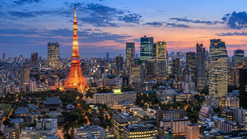 AI-generated illustration of Tokyo Tower and a city skyline at blue hour