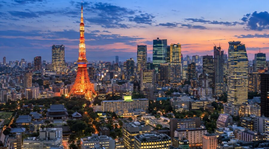 AI-generated illustration of Tokyo Tower and a city skyline at blue hour