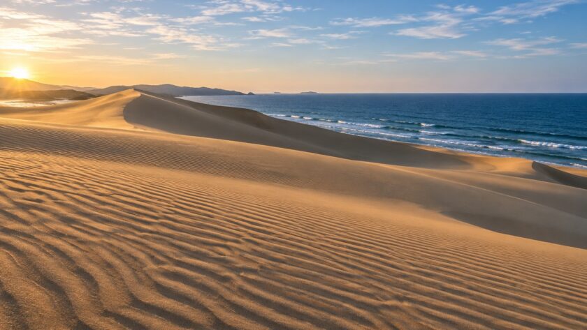 AI-generated illustration of golden coastal sand dunes with wind ripples and a blue sea, inspired by the Tottori Sand Dunes.
