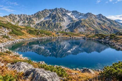 AI-generated illustration of a blue alpine lake and rugged mountains, inspired by Mikurigaike in Tateyama, Toyama, Japan.