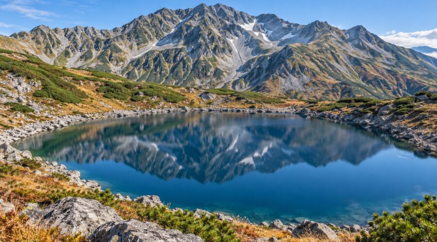 AI-generated illustration of a blue alpine lake and rugged mountains, inspired by Mikurigaike in Tateyama, Toyama, Japan.
