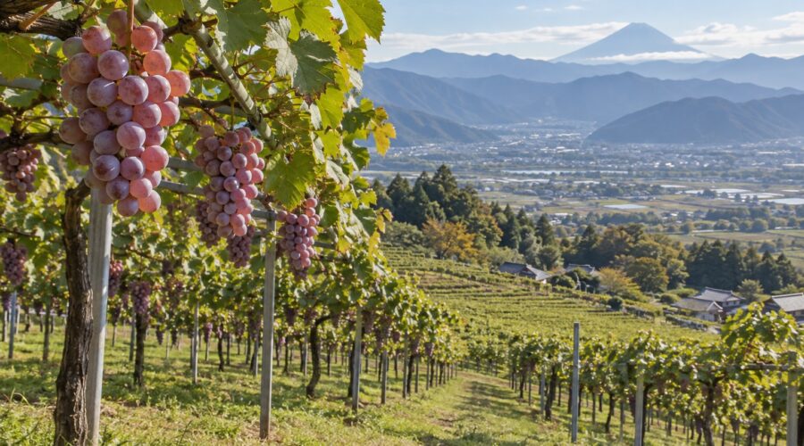 AI-generated illustration of purple grapes on trellises above a vineyard and mountain basin, inspired by Katsunuma in Yamanashi, Japan.